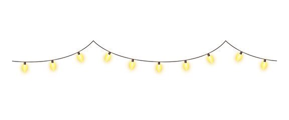 Multiple string of glowing yellow light bulb garland decoration hanging border isolated on transparent background
