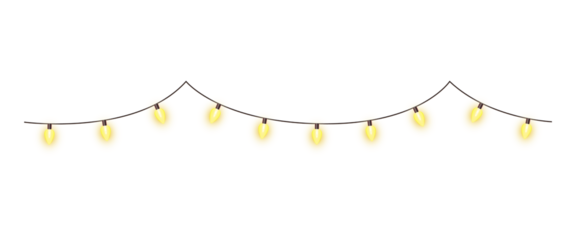 Multiple string of glowing yellow light bulb garland decoration hanging border isolated on transparent background