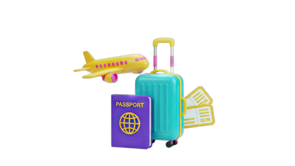 Travel Essentials: Airplane, Suitcase, Passport, and Tickets on White