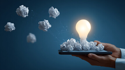 Hands holding tablet with glowing lightbulb and crumpled paper idea innovation