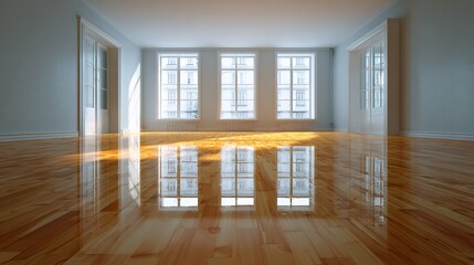Fototapeta premium room with wooden floor and large windows shows sunlight shining through. floor reflects light, creating warm effect. space is empty and open