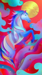 Obraz premium Majestic rainbow horse leaping under vibrant full moon