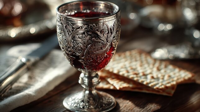 Ornate silver goblet with red wine on table setting
