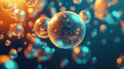 Connected spheres floating in an abstract digital network space, representing concepts of data, technology, science, communication, and global connections with glowing orange and blue light