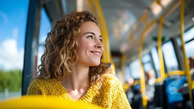 53Passenger in a modern tram interior with elegant design, holding a handlebar while smiling out the window, sunlight glinting off polished surfaces