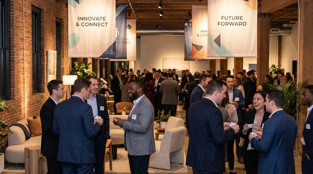 Business Networking Event with Professionals Talking and Mingling in Modern Venue
