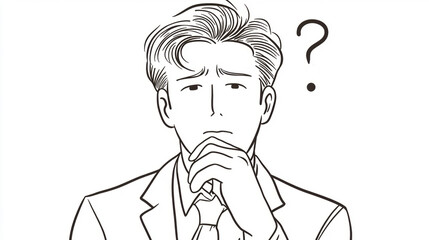 Man in suit with question mark above head, contemplating a difficult decision. A thoughtful businessman with a question mark hovering over his head, pondering a complex problem or dilemma.
