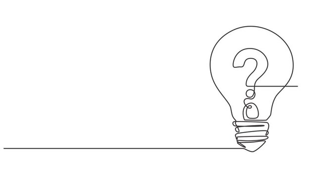 Animated self drawing of continuous line draw Quick tips. Continuous one line drawing of light bulb and speech bubble. Full length one line animation. 4K, Continuous one line drawing of question mark