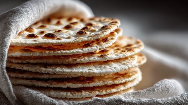 Handmade round matzah on clean white linen background