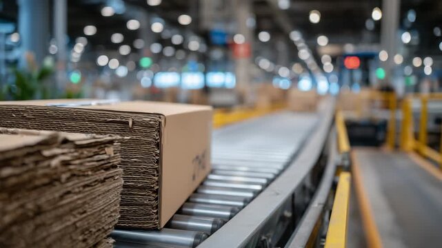 60High-resolution macro view of a parcel corner crushed inward, layers of cardboard peeling back, set against blurred background of conveyor belts