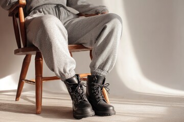 A person dressed in a comfortable, oversized grey sweatsuit and rugged black combat boots sits casually on a wooden chair, bathed in natural sunlight. Atmospheric shadows fall across the minimalist li