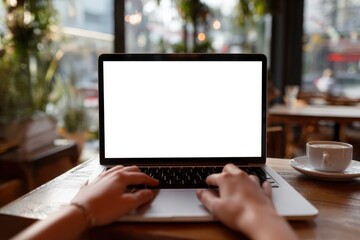 An individual's hands are actively engaged with a modern laptop, featuring a pristine white screen, perfectly suited for custom overlays or displaying various digital content. The setting suggests a c