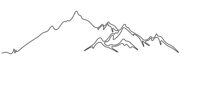 Mountain landscape continuous one line drawing animation video. Full length single line 4K video clip, motion graphic, Animated self drawing of One continuous line drawing of mountain range landscape.