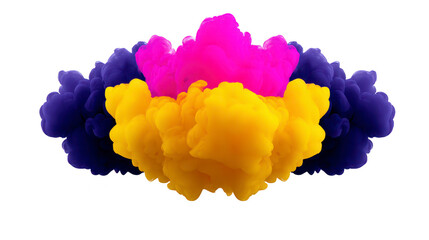 Vibrant yellow, magenta, and purple ink clouds swirling together in water, creating dynamic abstract pattern with sense of motion and creativity