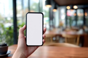 A person's hand holds a sleek smartphone featuring a pristine blank white screen, providing excellent copy space for custom digital content. The focus is sharp on the device, while the background grac