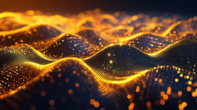 Abstract digital surface of glowing particles forming undulating waves, evoking data flow, network connections and energy distribution in a futuristic technological background - Powered by Adobe