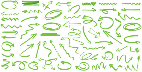 Set of green arrows. Hand-drawn arrows designed for presentations and workflow. Vector illustration.