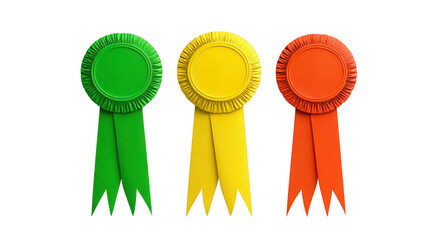 Green ribbon, yellow ribbon, and orange ribbon with pleated edges and tails, symbolizing achievement, award, or recognition, isolated on transparent background