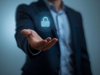 Businessman presenting digital security concept with glowing padlock