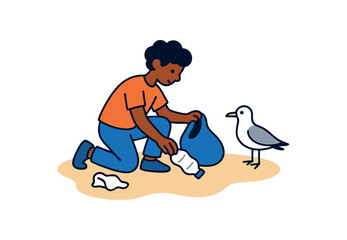Flat vector illustration of bright person kneeling to pick up plastic from sand with seagull nearby