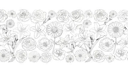 Obraz premium Elegant Monochrome Hand Drawn Floral Seamless Pattern on Isolated White Background