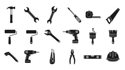 Fototapeta premium Collection of black construction tools silhouettes on white background