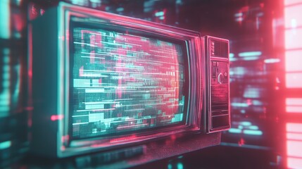 Old analog tv screen showing abstract neon patterns and corrupted streaming data in a futuristic cyberpunk city ambient light, symbolizing digital disruption and information technology