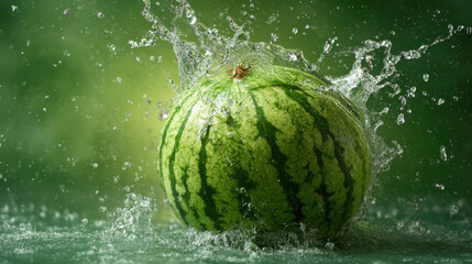 Whole watermelon splashing into water with dynamic water droplets and green background. a refreshing and dynamic visual effect with water droplets suspended in motion against a blurred green backdrop