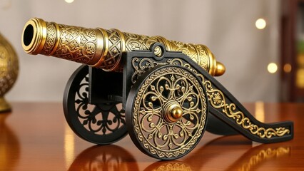 Ornate gold and black decorative cannon on wooden surface with intricate designs