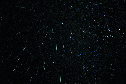 Geminids meteor shower streaks across a clear starry night sky