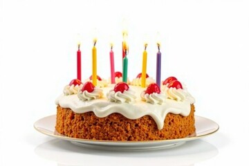 Delicious birthday cake with lit candles, isolated on white , confectionery, flame, chocolate