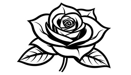 Elegant line drawing of a rose blossom with leaves, rendered in black and white on a plain background