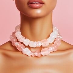 Close-up shot of a woman&rsquo;s neck and collarbones under soft, clean studio lighting against a minimal background. She wears a two-layer necklace, with the main layer featuring chunky pastel pink gummy-c
