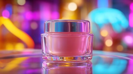 Pink cream in clear jar, reflective surface, colorful bokeh background