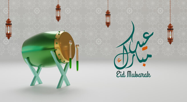 Traditional bedug drum with Eid Mubarak calligraphy representing Islamic celebration and culture. Great for cultural documentaries, Eid intros, or religious event visuals.