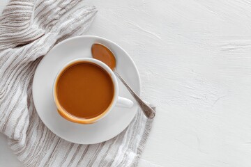 A soothing cup of warm beverage is presented in a minimalist, elegant style, captured from a high-angle overhead perspective. The rich, inviting liquid, with its subtle sheen, fills a pristine white c