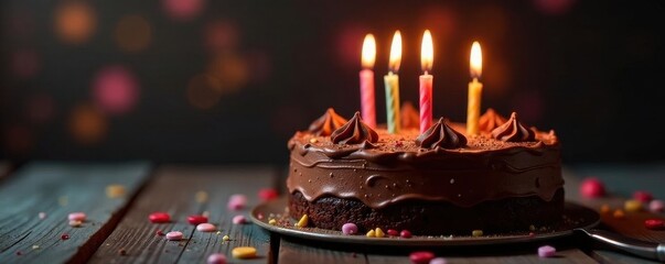 Delicious chocolate birthday cake with lit candles, buttercream frosting , food, celebration, sprinkles