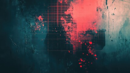 Dark teal grunge background features a red grid pattern with distressed textures and paint splatters, illustrating concepts of digital decay, cyber threat, or technological breakdown