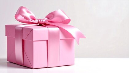 Elegant pink gift box, neatly wrapped with satin ribbon, resting on a white surface. Soft background