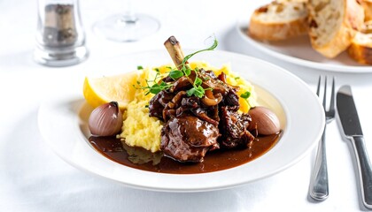Elegant plate featuring tender meat with creamy polenta, sweet onions, lemon, and drizzled sauce on a white tablecloth