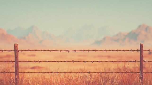 
Barbed Wire Fence in Open Landscape Symbolising Borders, Restriction, and Prohibition