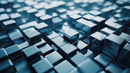 Metallic blue cubes forming an abstract grid pattern, illustrating concepts of technology, data, and digital structures with a futuristic and innovative aesthetic for modern design