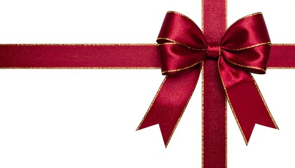 Elegant red satin ribbon with gold edges, tied in a bow, isolated on a white background, creating a festive cross