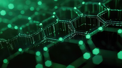 Abstract technological background displaying glowing green hexagonal structures forming a complex network, representing advanced data communication and scientific innovation