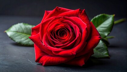 Elegant red rose blossom, velvety petals, and vibrant green leaves against dark background on a textured surface
