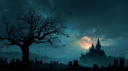 Gothic Moonlight Haunted Castle with Cemetery, Bare Tree, and Spooky Night.