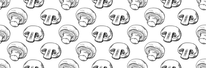 Seamless mushroom pattern in hand drawn black and white style