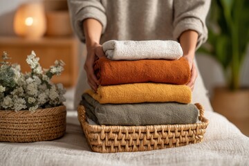 Woman folding linens in peaceful home interior