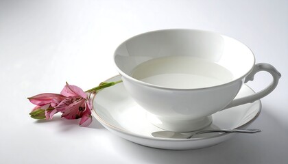 Elegant white teacup filled with liquid, on a saucer with a spoon & pink flower. Soft lighting, minimalist