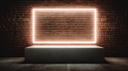 Neon Rectangle Glows on Brick Wall Above White Podium.